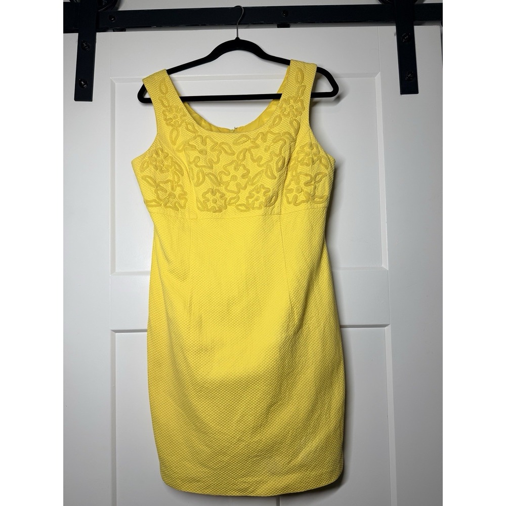 Vintage 1997 Plaza South Yellow Embroidered Sheath Dress Women's Size 10 90s